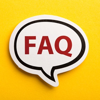 White bubble with FAQ in red letters on yellow background