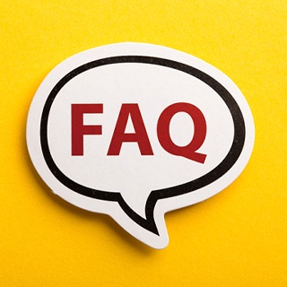 White bubble with F A Q in red letters on yellow background